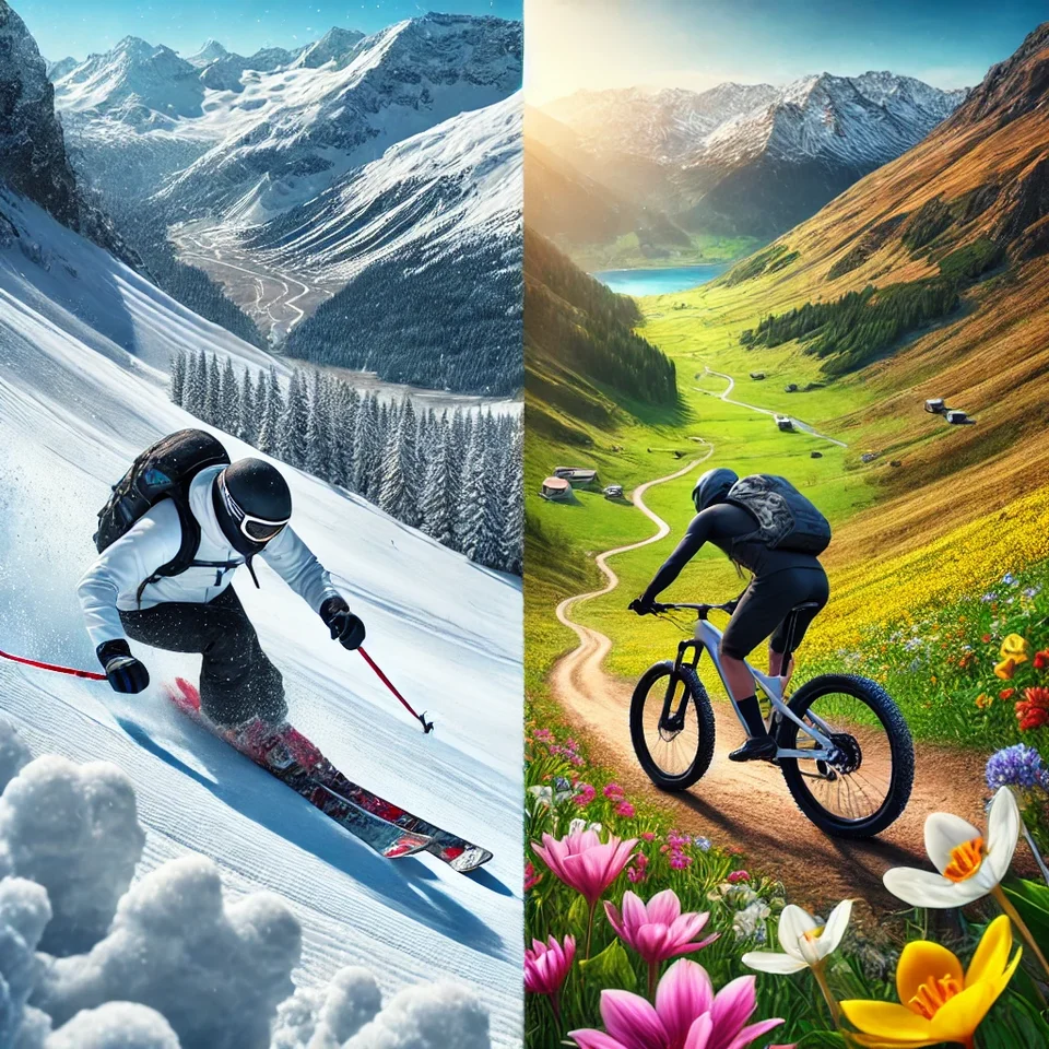 Winterliche Alpenlandschaft mit Skifahrer trifft auf frühlingshaftes Tal mit Mountainbiker