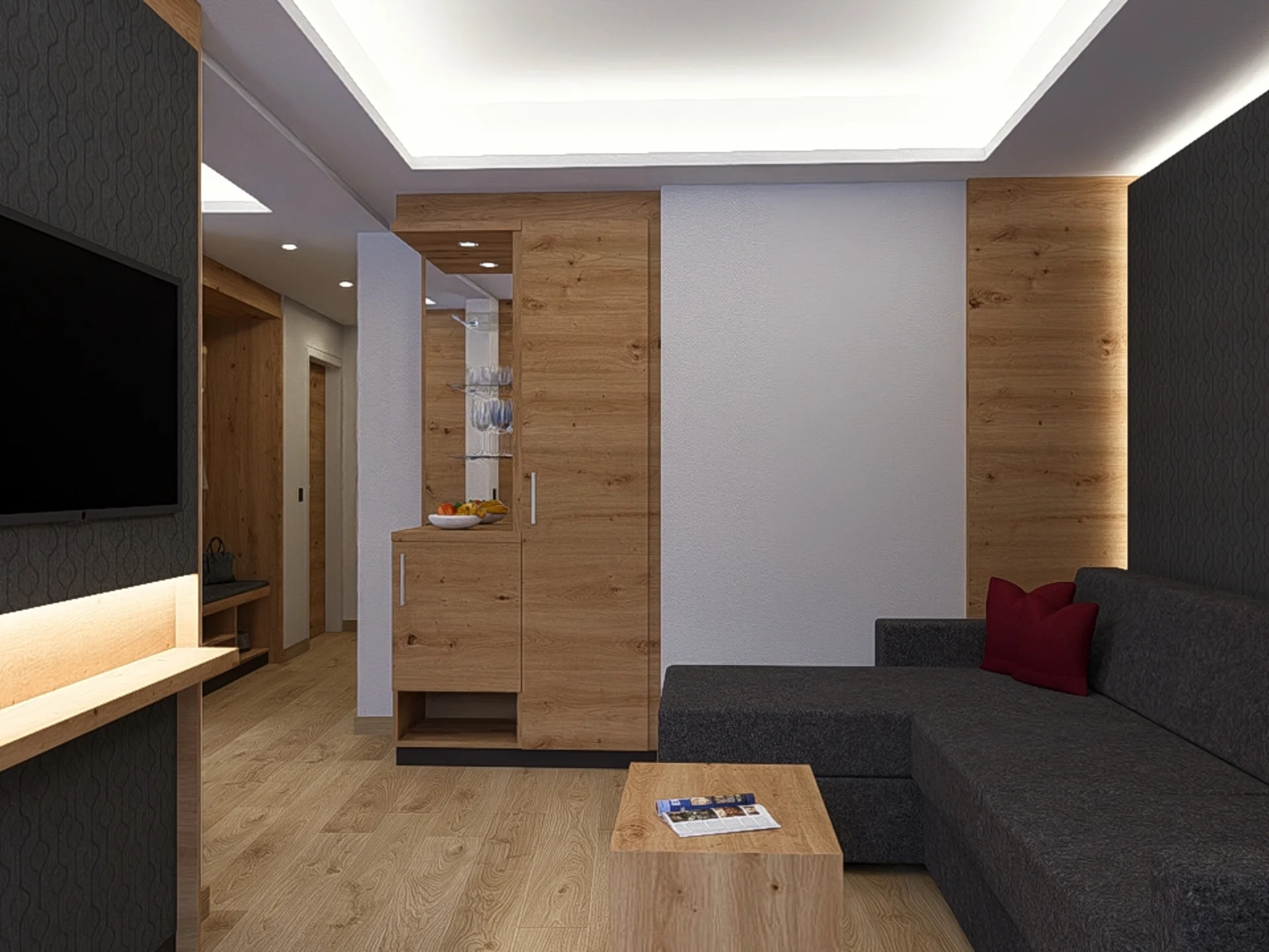 Stylish hotel room with wooden elements and dark sofa