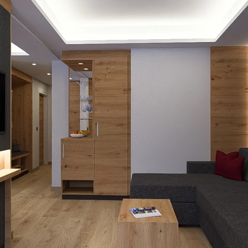 Stylish hotel room with wooden elements and dark sofa