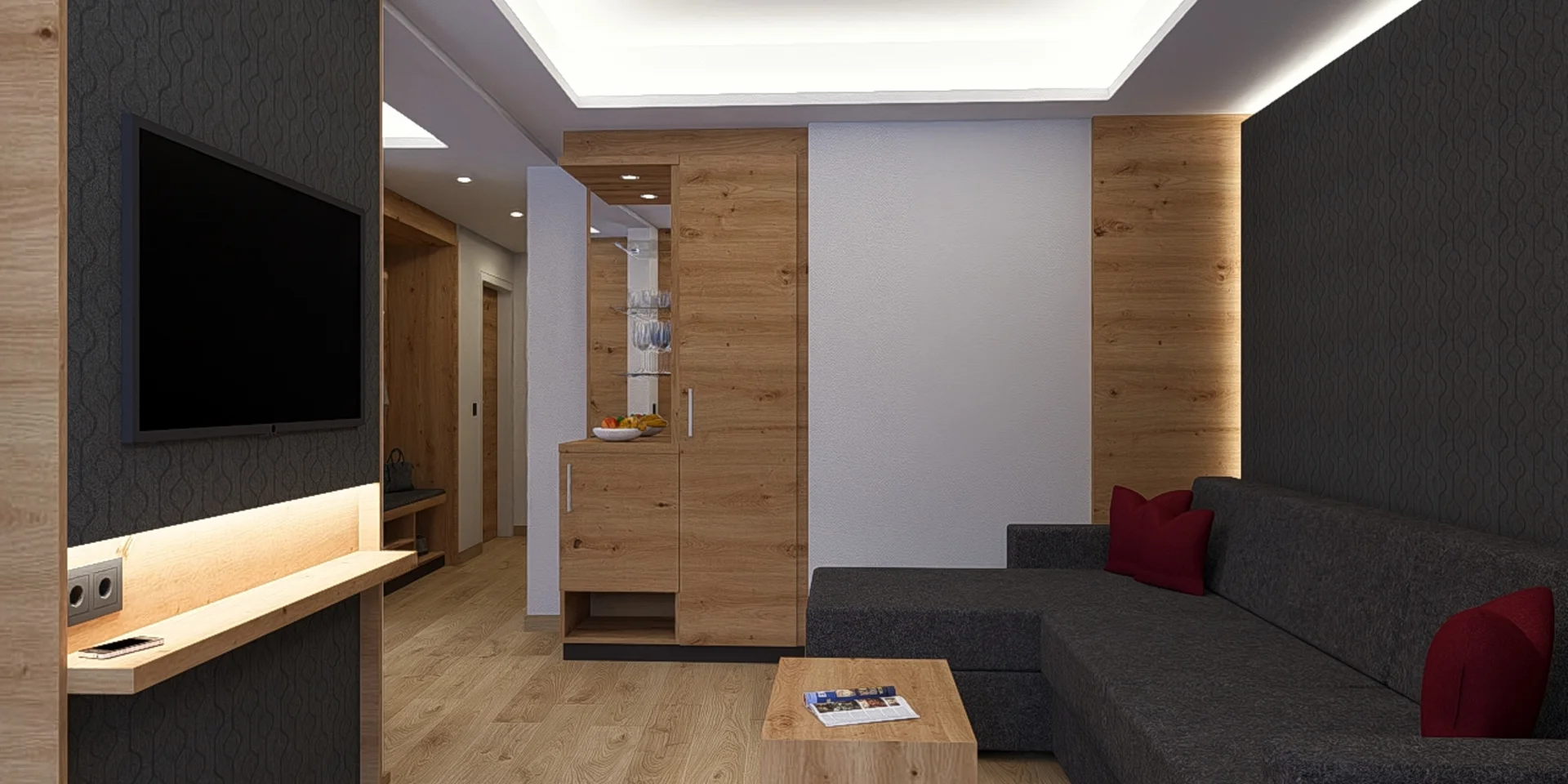 Stilvolles Hotelzimmer mit Holzelementen und dunklem Sofa