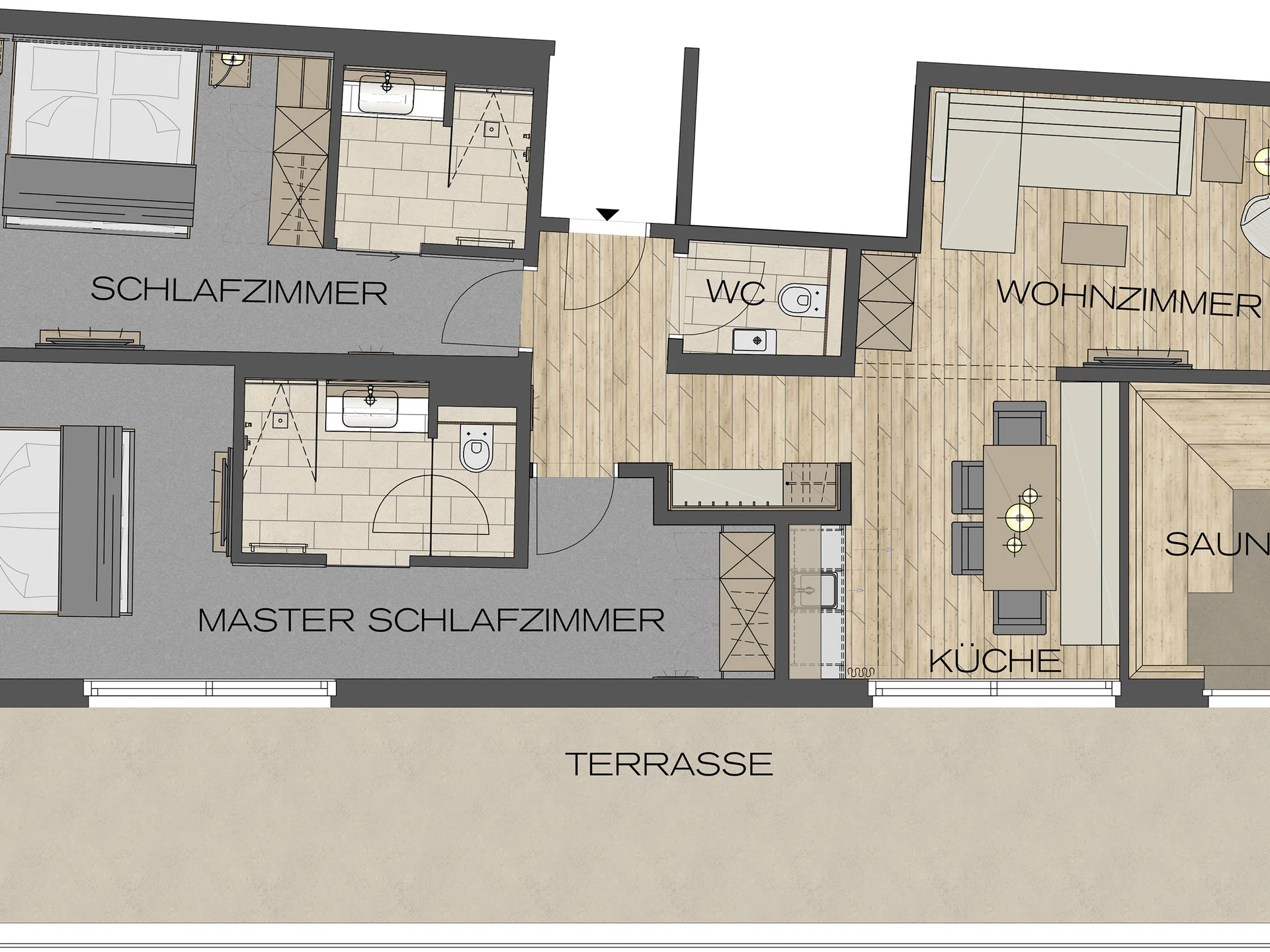 Übersichtlicher Grundriss einer Ferienwohnung mit Sauna