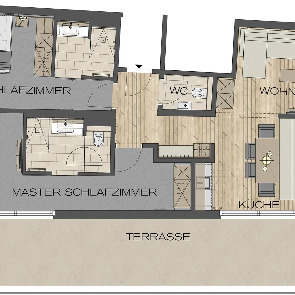 Übersichtlicher Grundriss einer Ferienwohnung mit Sauna