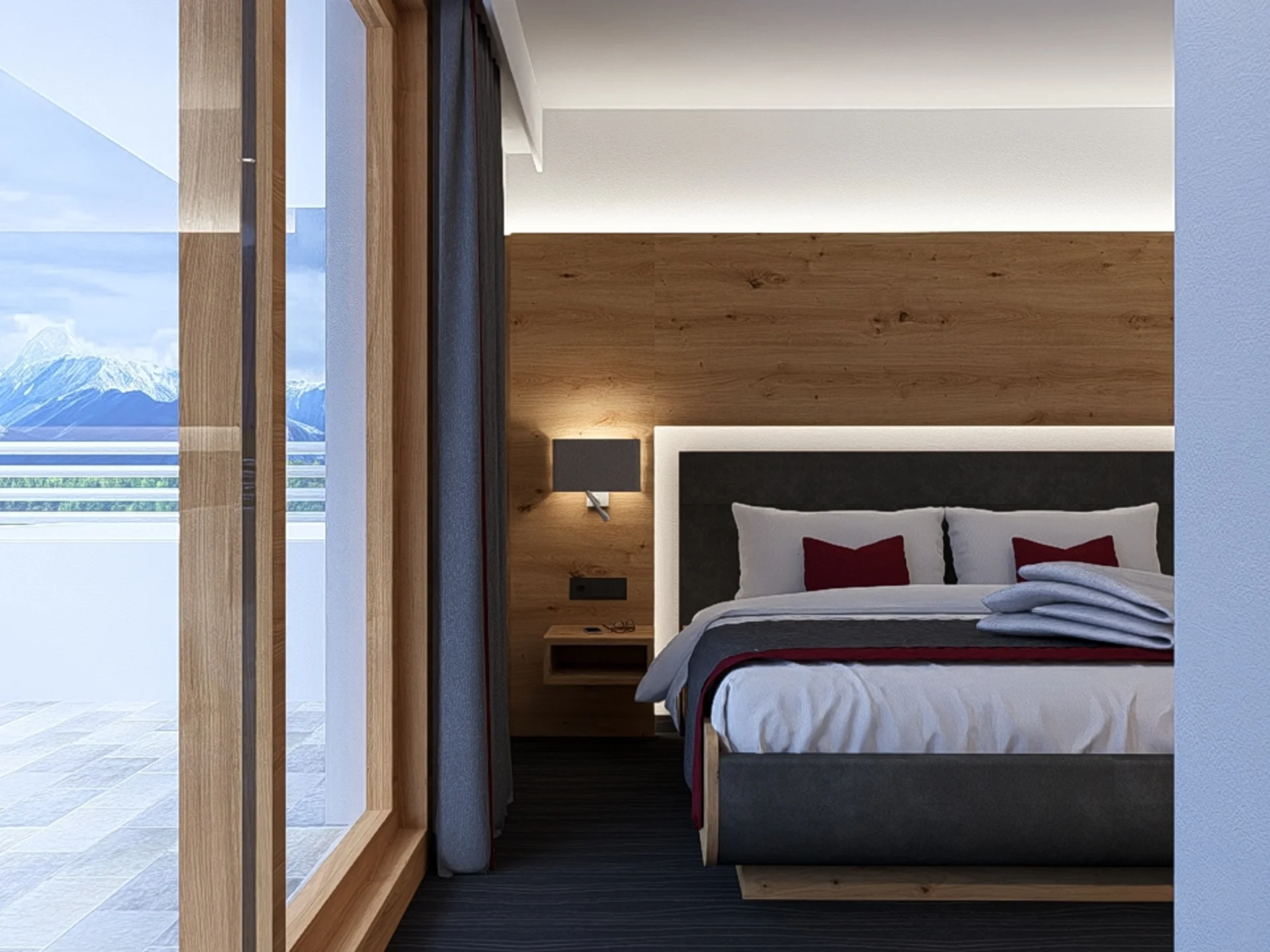 Modernes Hotelzimmer mit Balkon und Bergblick