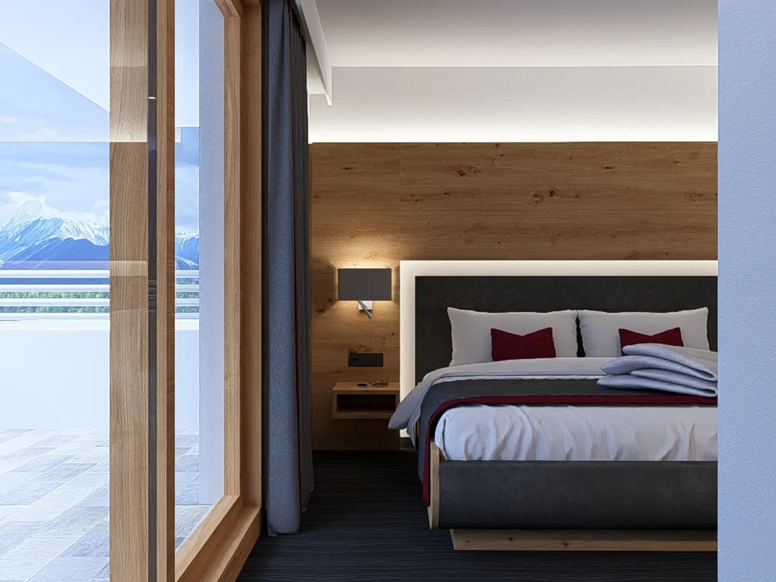Modernes Hotelzimmer mit Balkon und Bergblick