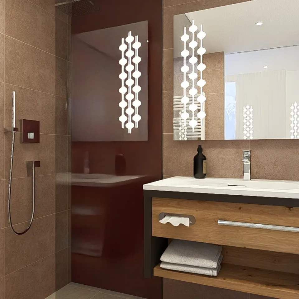 Modern bathroom with shower and vanity unit