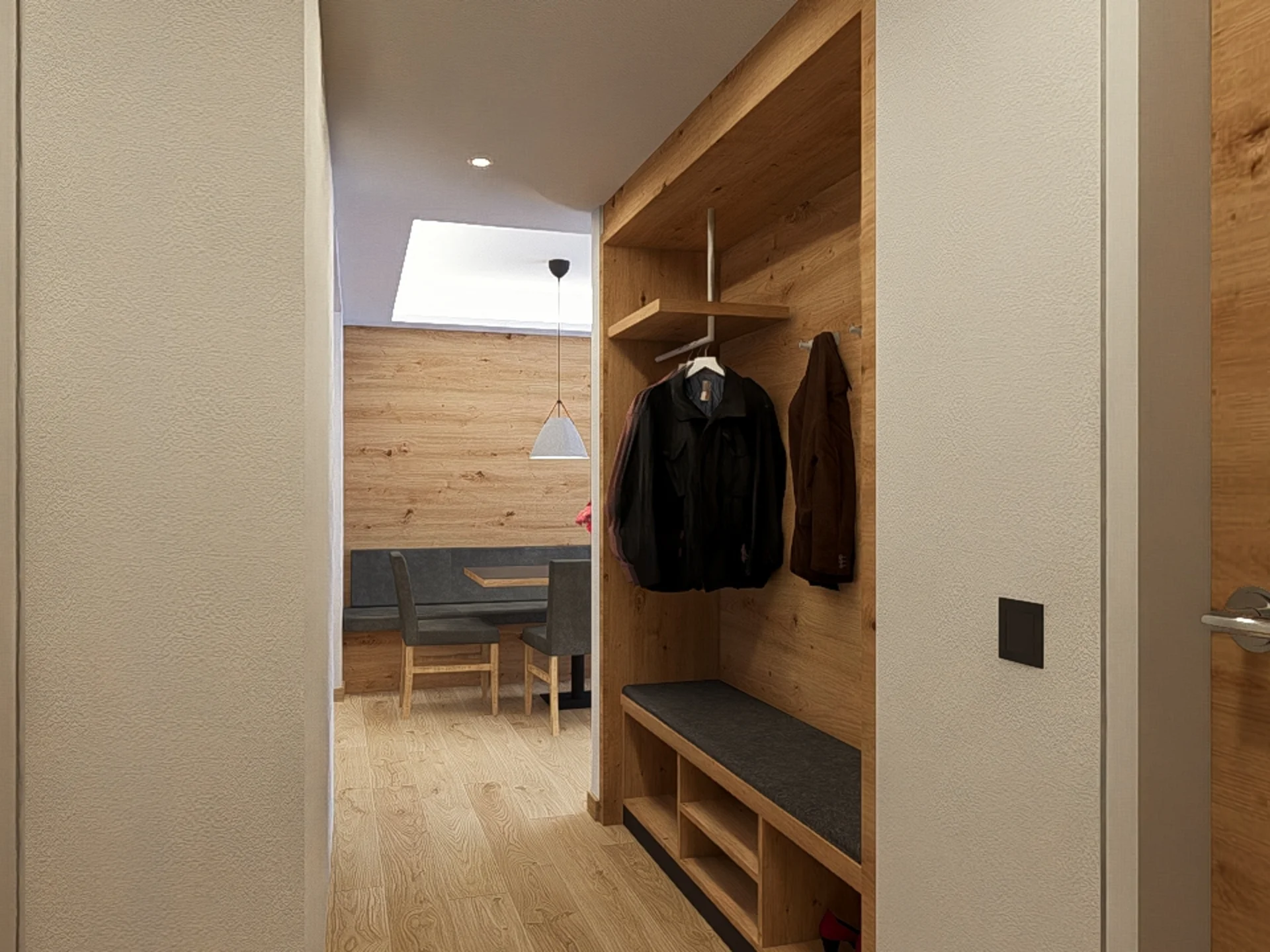 Moderner Flur mit Holzgarderobe und Essbereich