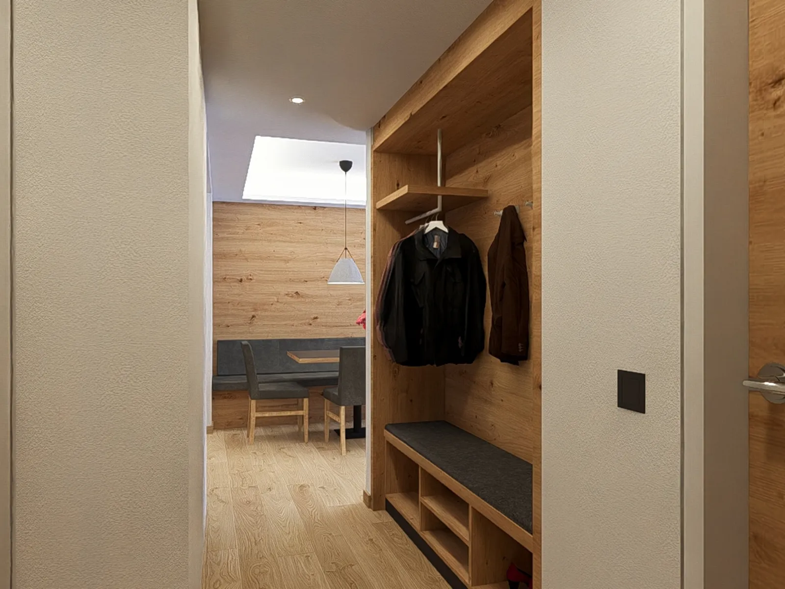 Moderner Flur mit Holzgarderobe und Essbereich