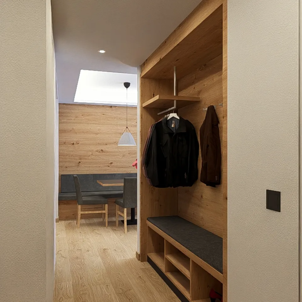 Modern hallway with wooden coat rack and dining area