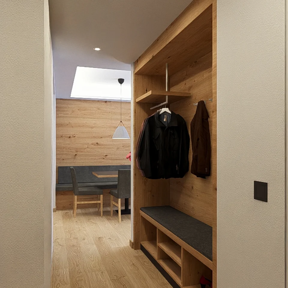 Moderner Flur mit Holzgarderobe und Essbereich