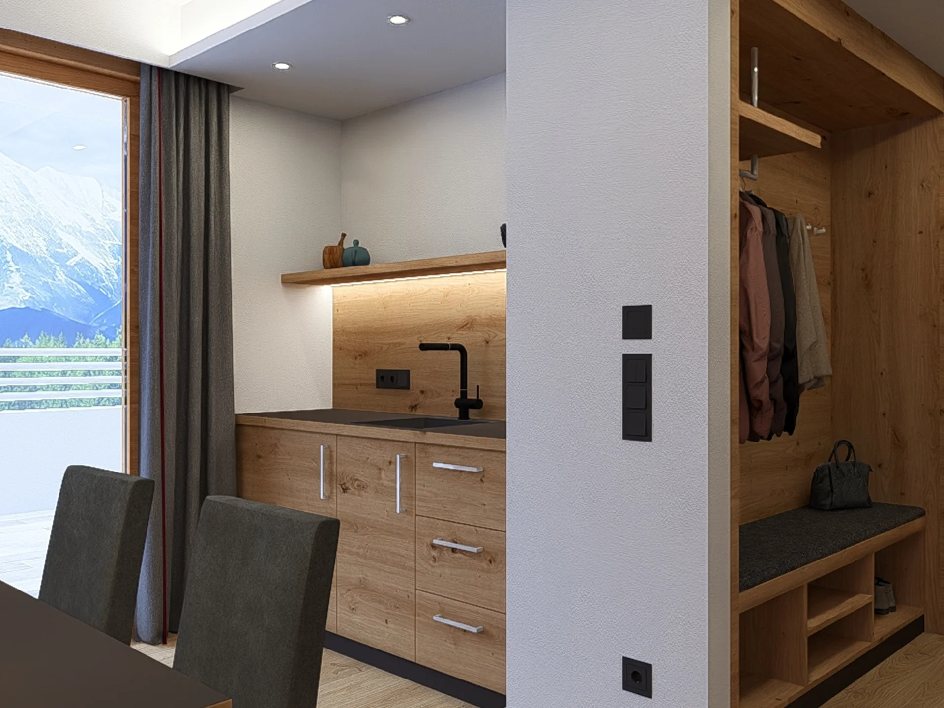 Moderne Alpenwohnung mit Bergblick und Küche