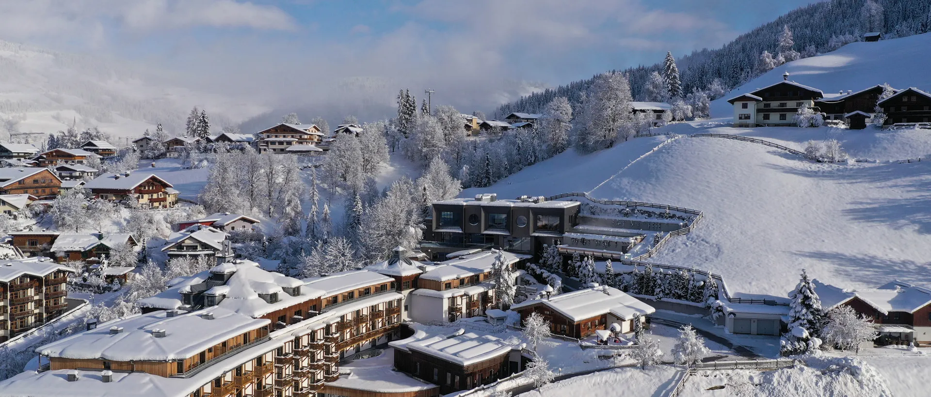 Winterliche Landschaft mit schneebedeckten Häusern und Bäumen unter blauem Himmel