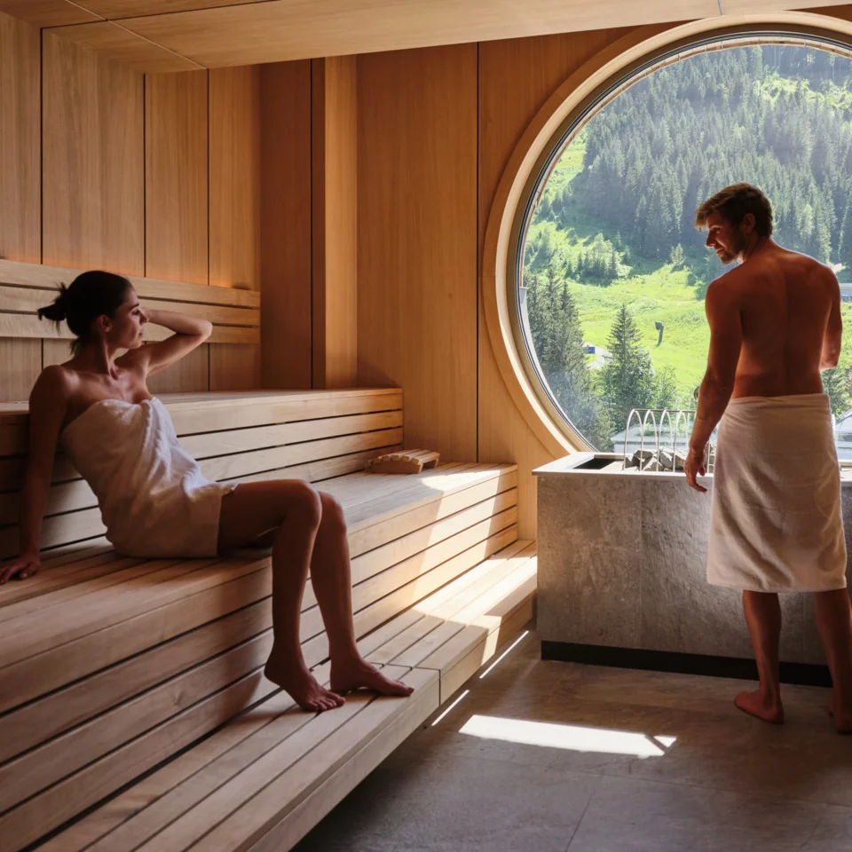 Paar in Sauna mit großem runden Fenster und Blick auf grüne Landschaft