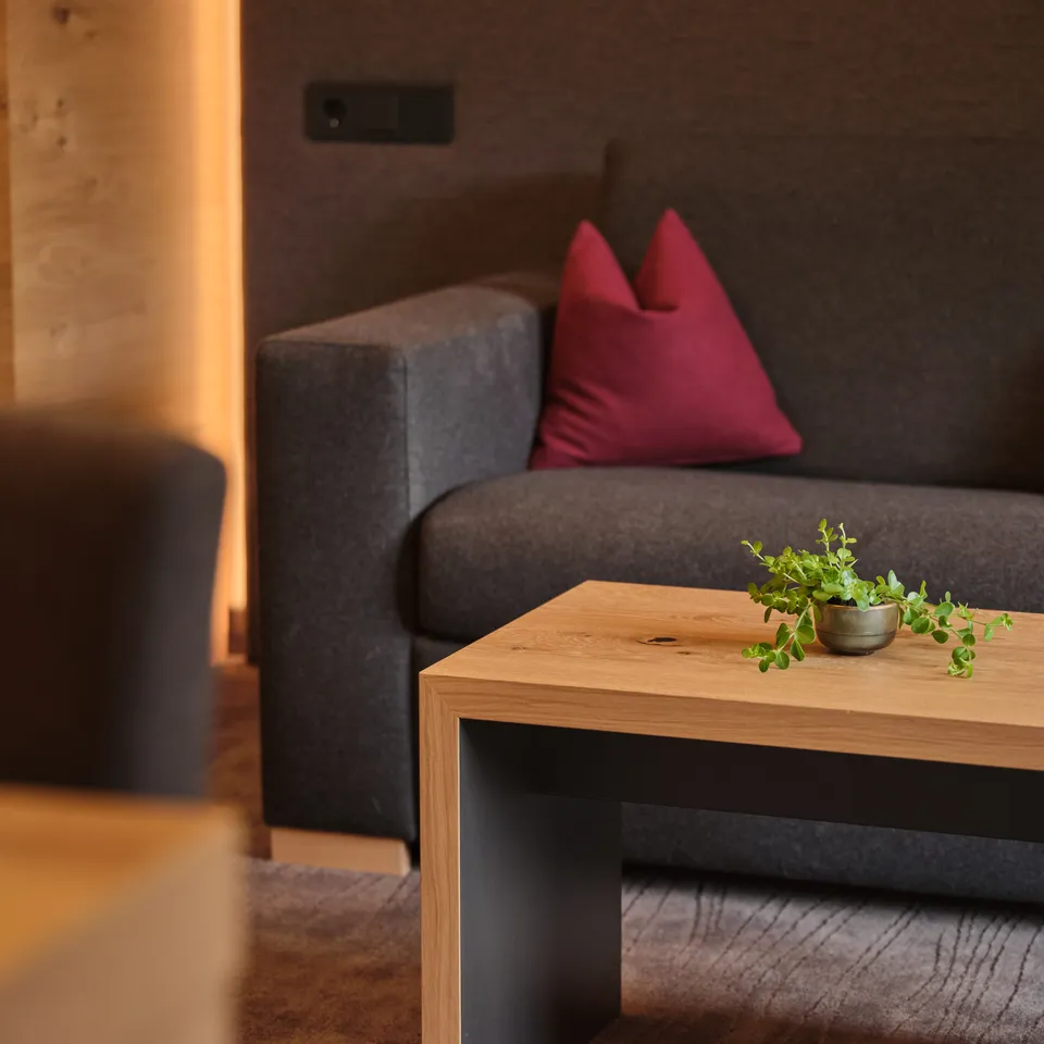 Graues Sofa mit rotem Kissen und Holztisch mit Pflanze in modernem Hotelzimmer