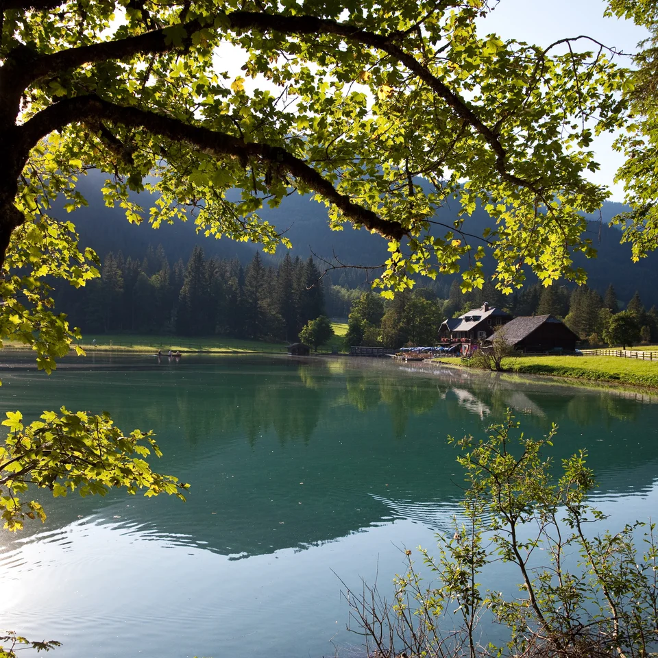 Jägersee in Wagrain-Kleinarl mit bewaldeten Bergen und Häusern am Ufer im Sommer