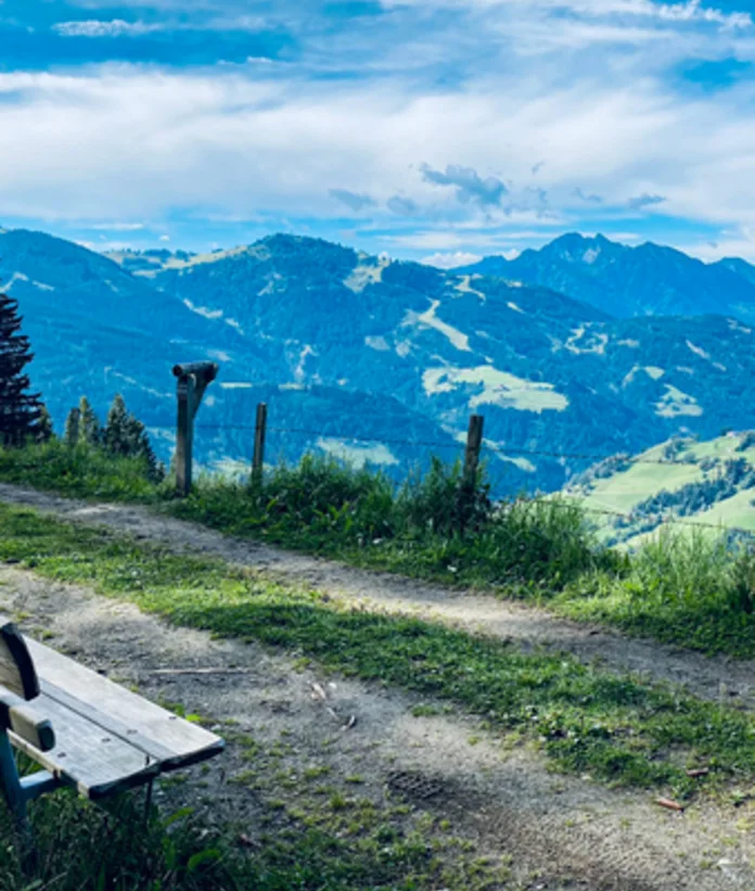 Berglandschaft mit Weg, Bank und bewaldeten Hügeln unter blauem Himmel