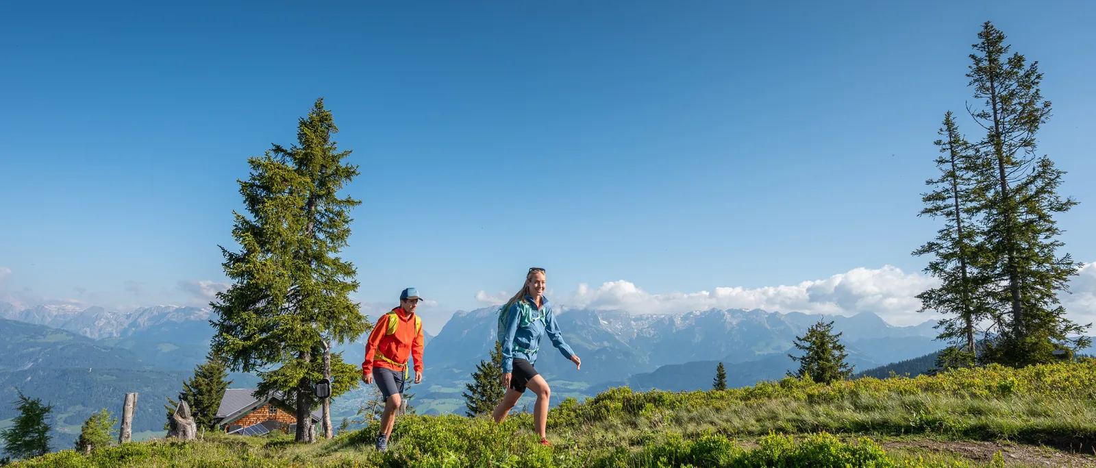 Wanderer auf grünem Hügel mit Bergpanorama unter blauem Himmel