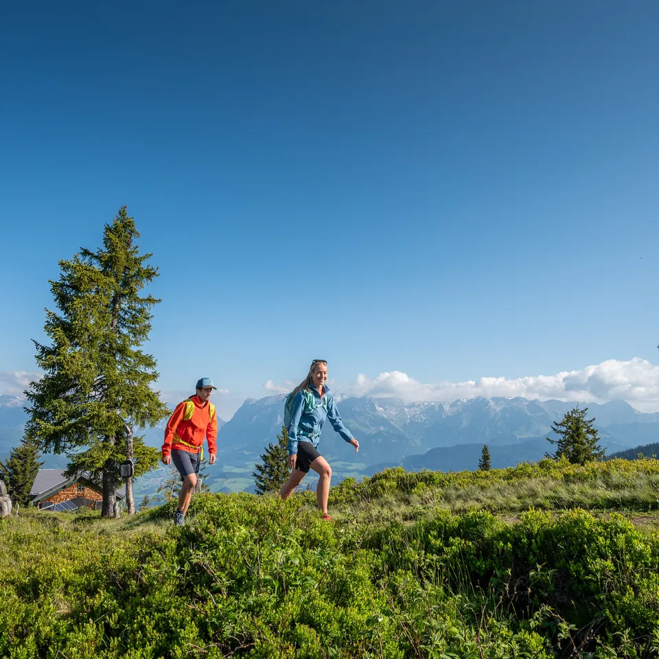 Wanderer auf grünem Hügel mit Bergpanorama unter blauem Himmel