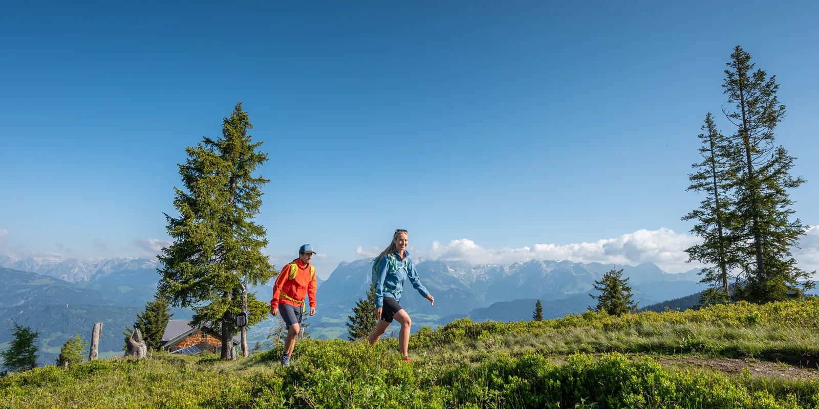Hiker on green hill with mountain panorama under blue sky