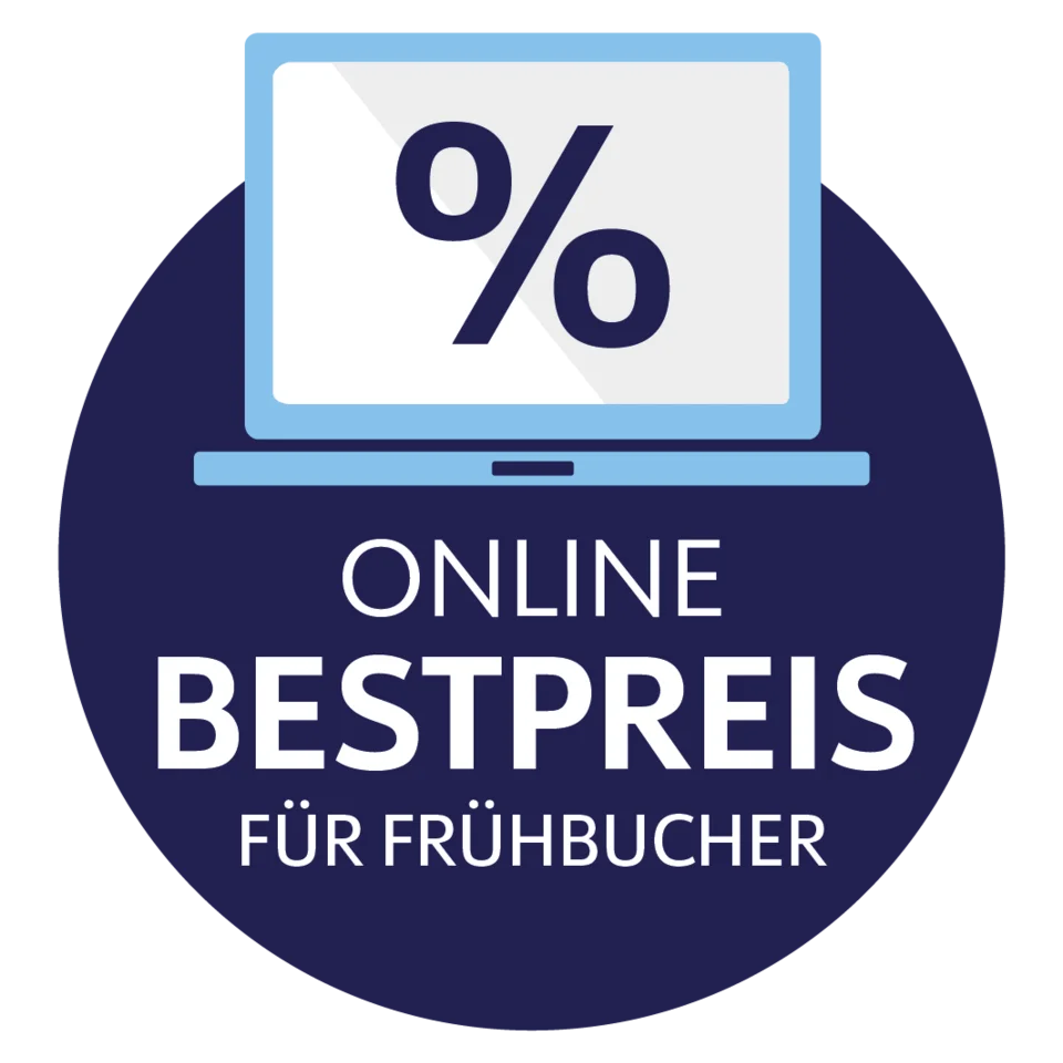 Online Bestpreis für Frühbucher auf blauem Button