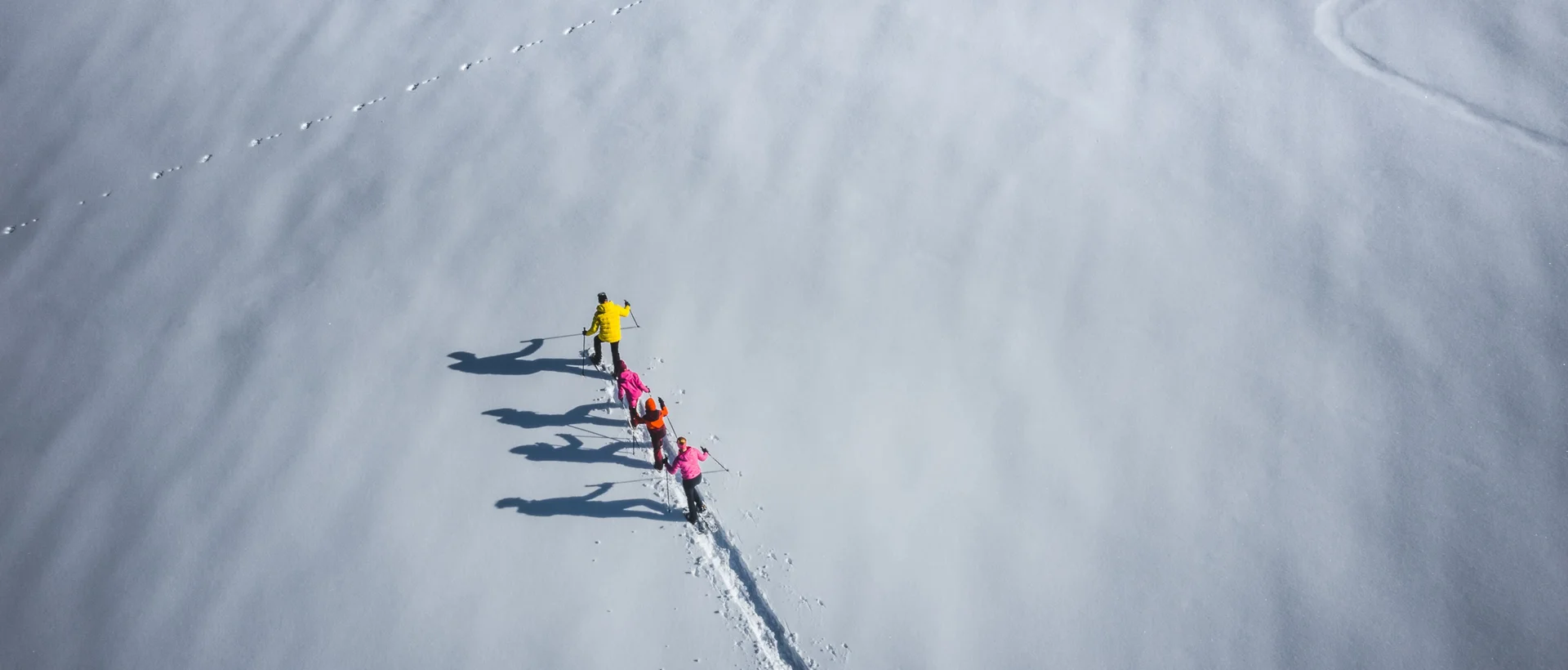Draufsicht: Familie wandert mit Schneeschuhen durch tief verschneite Landschaft in Wagrain-Kleinarl