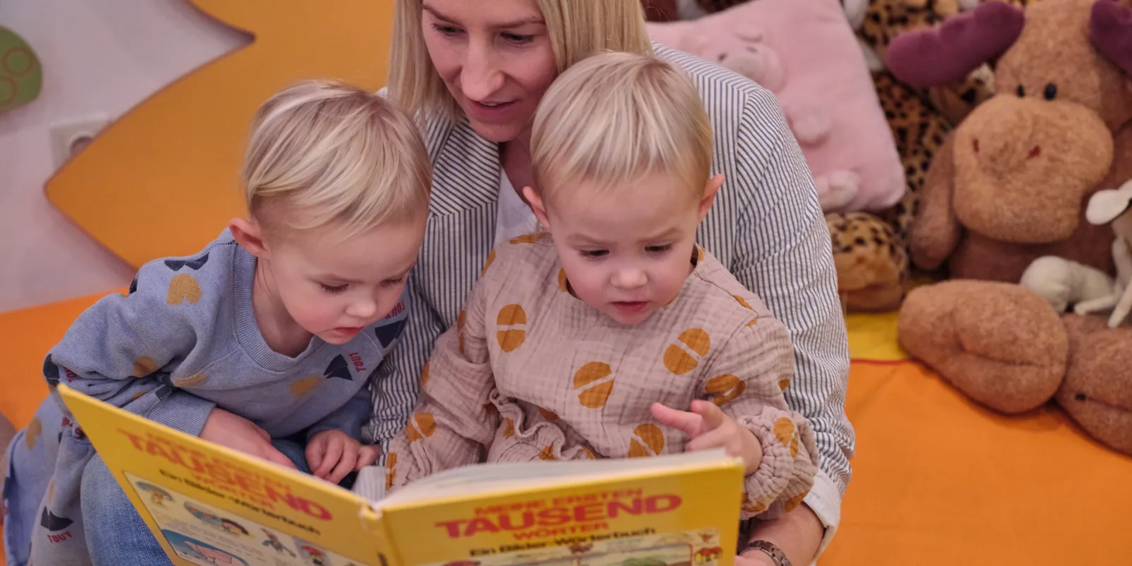 Frau liest zwei kleinen Kindern aus einem Bilderbuch vor